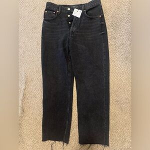 NEW Zara High Rise Straight Ankle Jeans Womens Size 6 Black Frayed Rigid